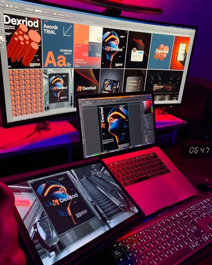 Poste de travail multi-écrans : tablette, PC et MacBook affichant la même identité de marque en orange